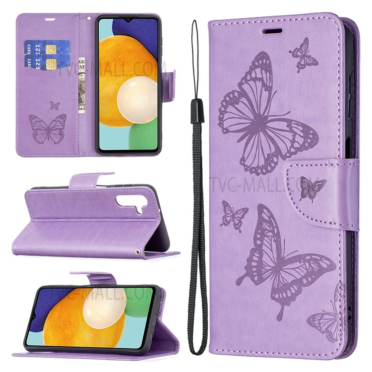 Phone Shell Imprint Butterfly Pattern Stylish Full Protection Stand Wallet Leather Cover with Strap for Samsung Galaxy A13 5G - Purple-6