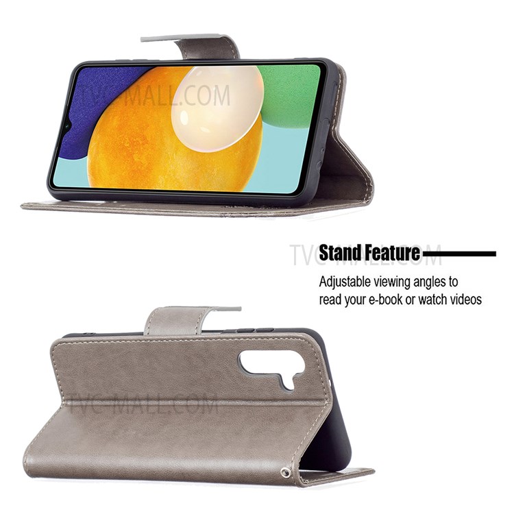 Phone Shell Imprint Butterfly Pattern Stylish Full Protection Stand Wallet Leather Cover with Strap for Samsung Galaxy A13 5G - Grey-2