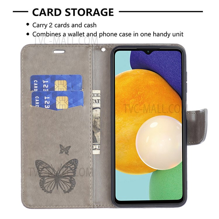 Phone Shell Imprint Butterfly Pattern Stylish Full Protection Stand Wallet Leather Cover with Strap for Samsung Galaxy A13 5G - Grey-3