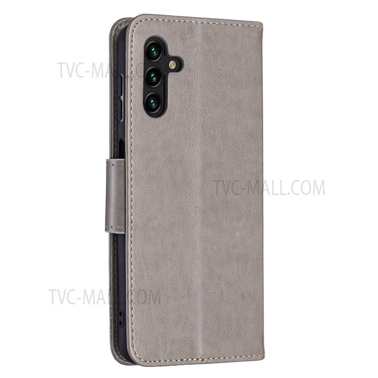 Phone Shell Imprint Butterfly Pattern Stylish Full Protection Stand Wallet Leather Cover with Strap for Samsung Galaxy A13 5G - Grey-5