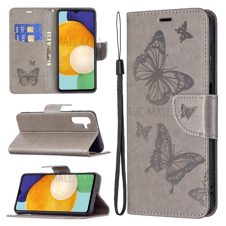 Phone Shell Imprint Butterfly Pattern Stylish Full Protection Stand Wallet Leather Cover with Strap for Samsung Galaxy A13 5G - Grey-6