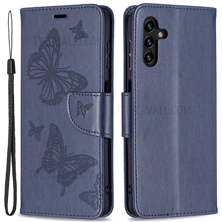 Phone Shell Imprint Butterfly Pattern Stylish Full Protection Stand Wallet Leather Cover with Strap for Samsung Galaxy A13 5G - Dark Blue-1