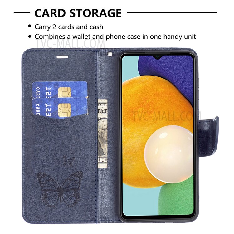 Phone Shell Imprint Butterfly Pattern Stylish Full Protection Stand Wallet Leather Cover with Strap for Samsung Galaxy A13 5G - Dark Blue-3
