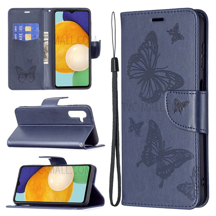 Phone Shell Imprint Butterfly Pattern Stylish Full Protection Stand Wallet Leather Cover with Strap for Samsung Galaxy A13 5G - Dark Blue-6