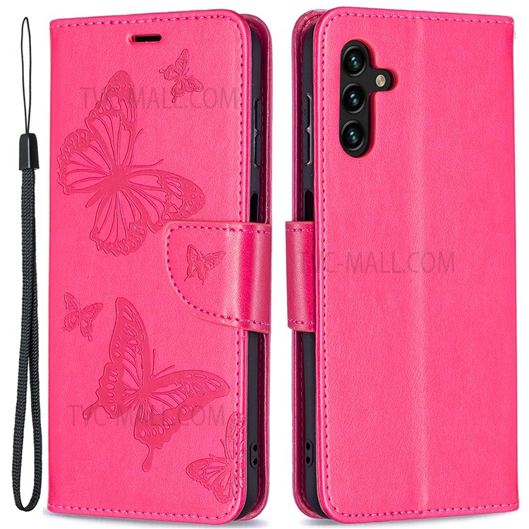 Phone Shell Imprint Butterfly Pattern Stylish Full Protection Stand Wallet Leather Cover with Strap for Samsung Galaxy A13 5G - Rose-1