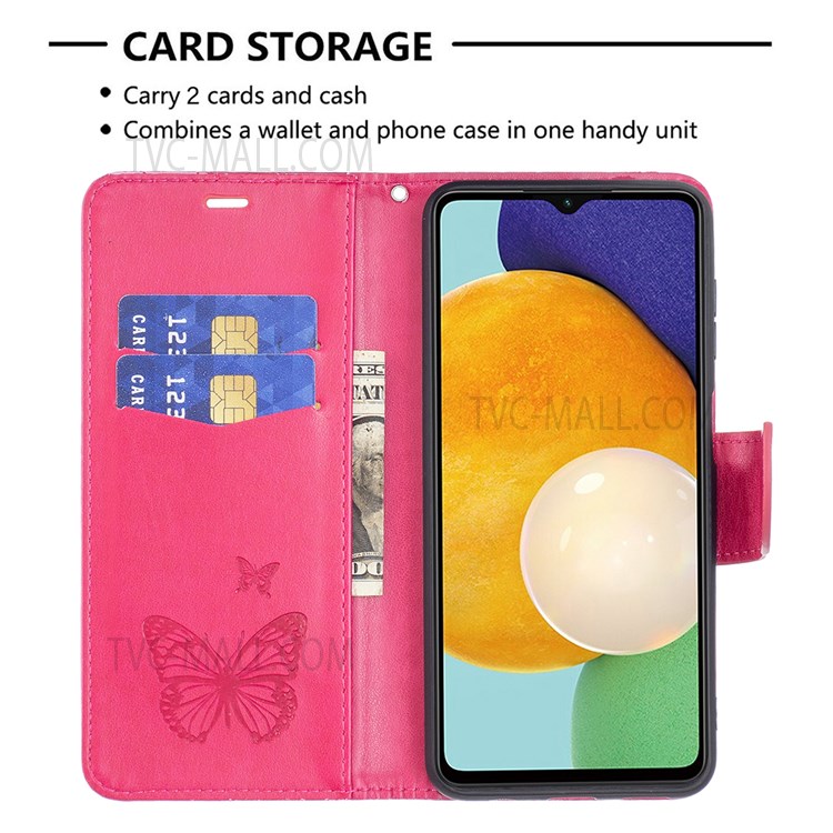 Phone Shell Imprint Butterfly Pattern Stylish Full Protection Stand Wallet Leather Cover with Strap for Samsung Galaxy A13 5G - Rose-3