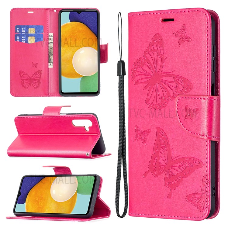 Phone Shell Imprint Butterfly Pattern Stylish Full Protection Stand Wallet Leather Cover with Strap for Samsung Galaxy A13 5G - Rose-6