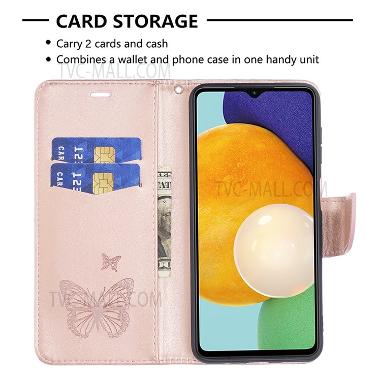 Phone Shell Imprint Butterfly Pattern Stylish Full Protection Stand Wallet Leather Cover with Strap for Samsung Galaxy A13 5G - Rose Gold-3