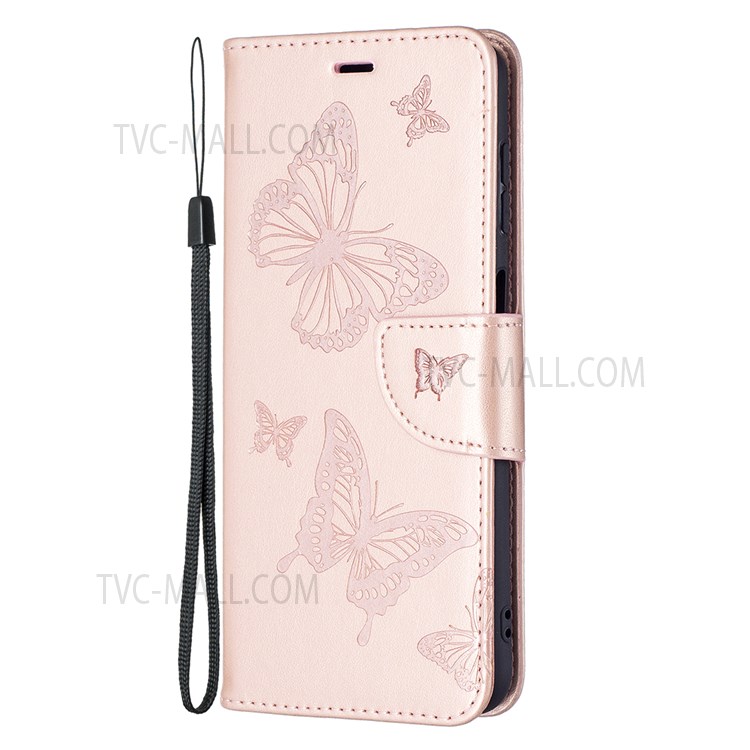 Phone Shell Imprint Butterfly Pattern Stylish Full Protection Stand Wallet Leather Cover with Strap for Samsung Galaxy A13 5G - Rose Gold-4