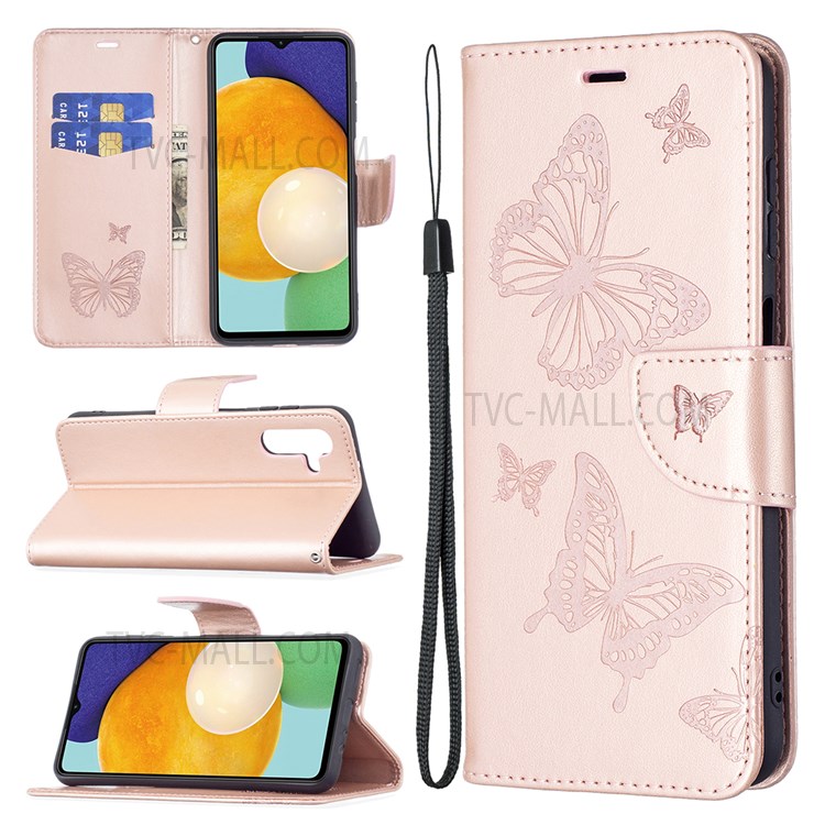 Phone Shell Imprint Butterfly Pattern Stylish Full Protection Stand Wallet Leather Cover with Strap for Samsung Galaxy A13 5G - Rose Gold-6