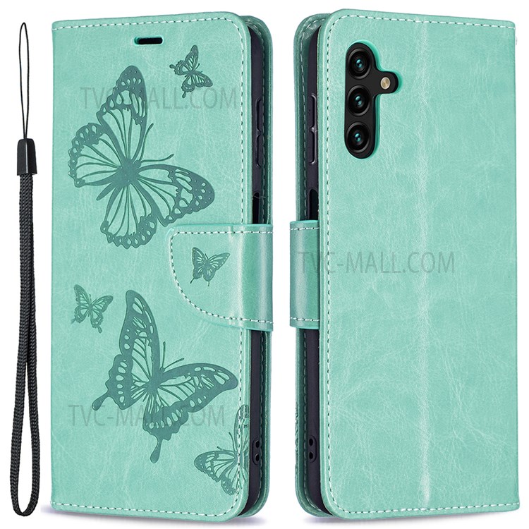 Phone Shell Imprint Butterfly Pattern Stylish Full Protection Stand Wallet Leather Cover with Strap for Samsung Galaxy A13 5G - Green-1