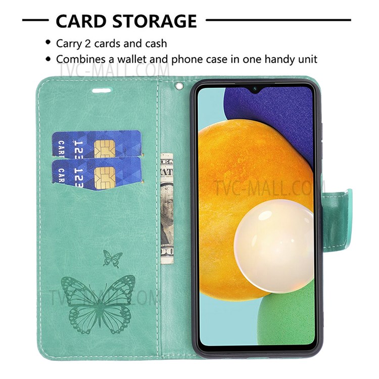 Phone Shell Imprint Butterfly Pattern Stylish Full Protection Stand Wallet Leather Cover with Strap for Samsung Galaxy A13 5G - Green-3