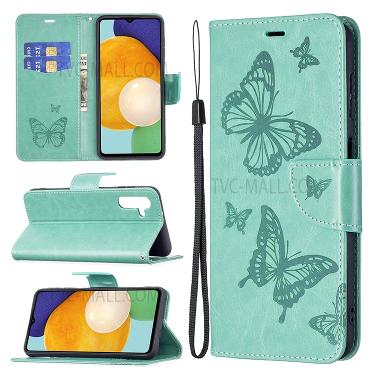 Phone Shell Imprint Butterfly Pattern Stylish Full Protection Stand Wallet Leather Cover with Strap for Samsung Galaxy A13 5G - Green-6