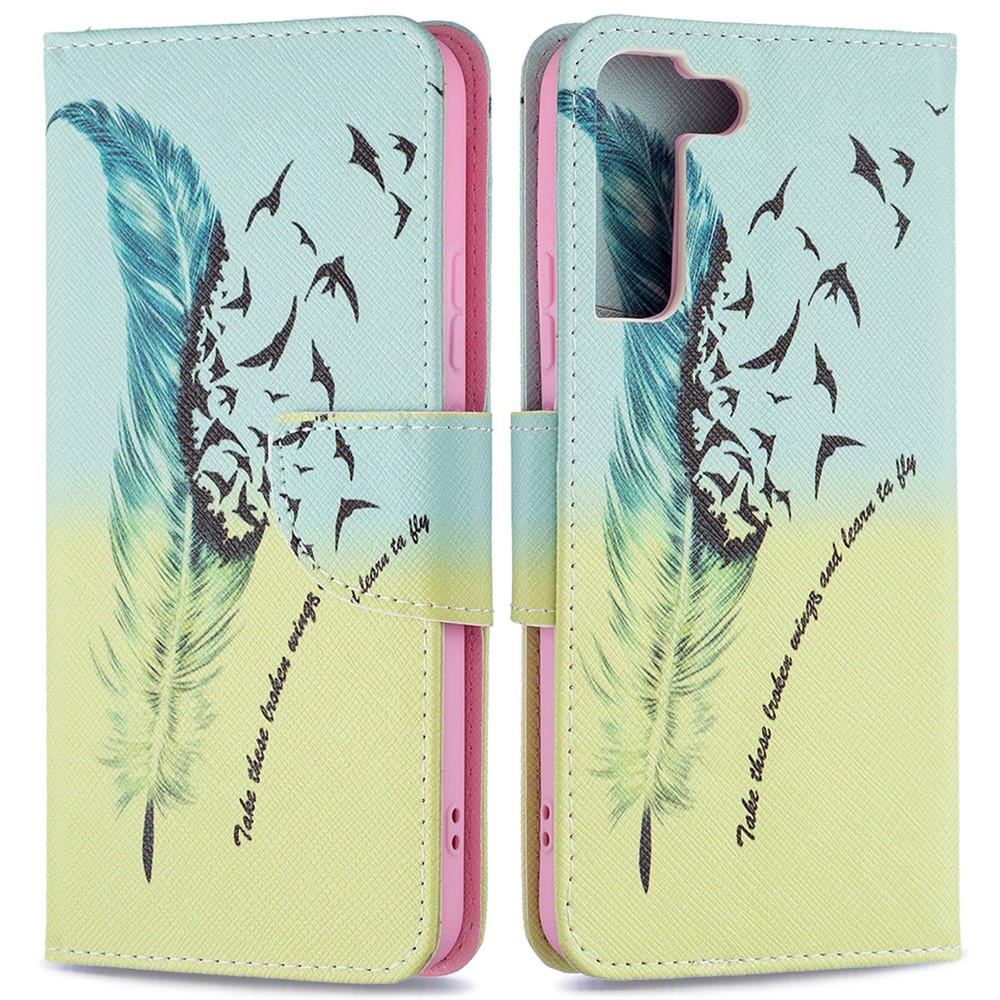 Pattern Printing PU Leather Flip Wallet Case Stand All-Round Protective Case Cover for Samsung Galaxy S22 Plus - Feather and Birds-1