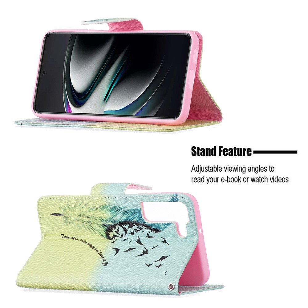 Pattern Printing PU Leather Flip Wallet Case Stand All-Round Protective Case Cover for Samsung Galaxy S22 Plus - Feather and Birds-2