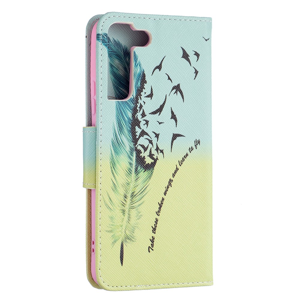 Pattern Printing PU Leather Flip Wallet Case Stand All-Round Protective Case Cover for Samsung Galaxy S22 Plus - Feather and Birds-5