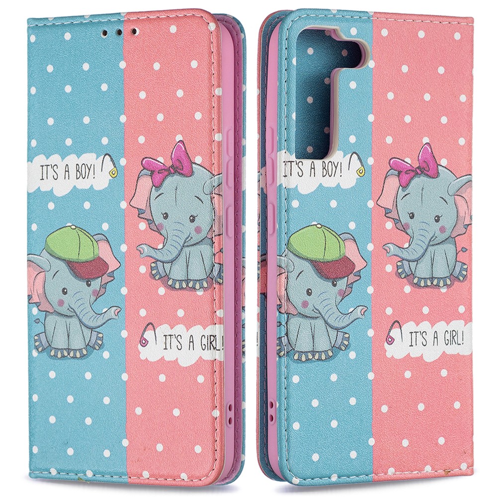 Funny Pattern Printing PU Leather Flip Wallet Case Stand Magnetic Auto-absorbed Protective Cover for Samsung Galaxy S22 Plus - Two Elephants-1