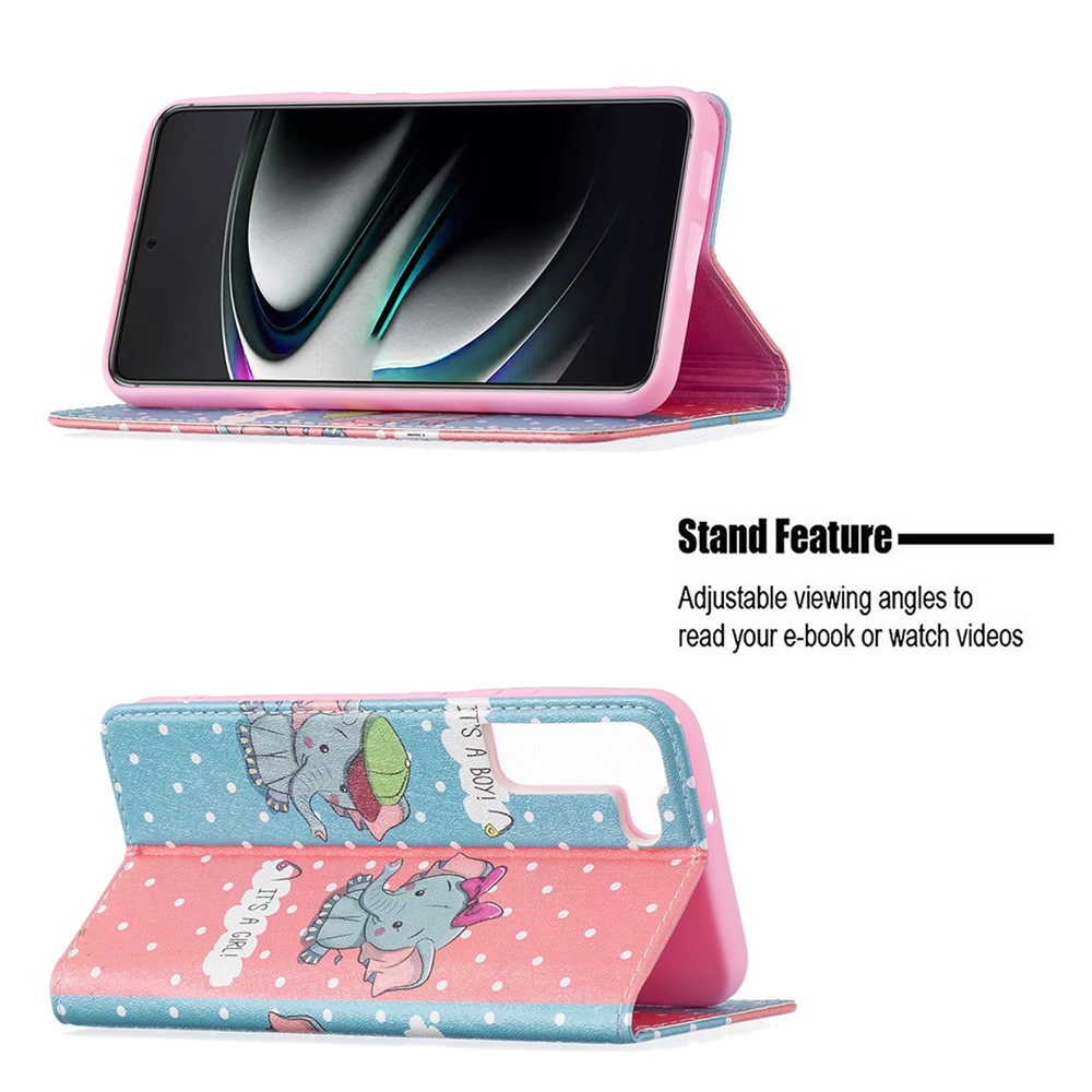 Funny Pattern Printing PU Leather Flip Wallet Case Stand Magnetic Auto-absorbed Protective Cover for Samsung Galaxy S22 Plus - Two Elephants-2
