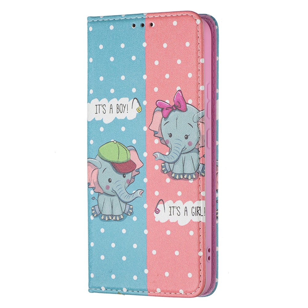 Funny Pattern Printing PU Leather Flip Wallet Case Stand Magnetic Auto-absorbed Protective Cover for Samsung Galaxy S22 Plus - Two Elephants-5
