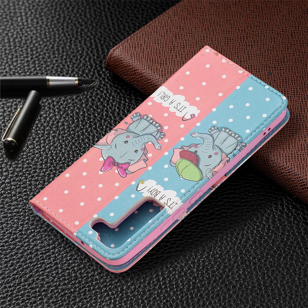 Funny Pattern Printing PU Leather Flip Wallet Case Stand Magnetic Auto-absorbed Protective Cover for Samsung Galaxy S22 Plus - Two Elephants-8