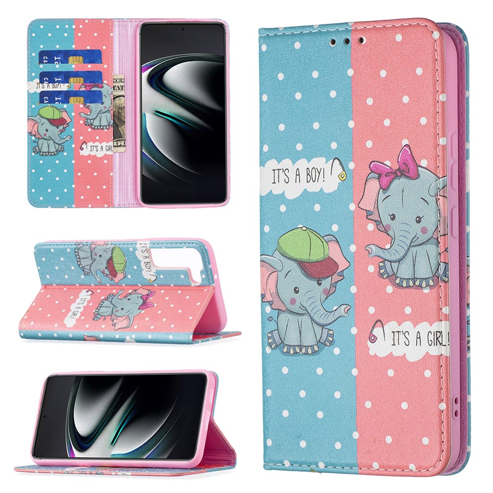 Funny Pattern Printing PU Leather Flip Wallet Case Stand Magnetic Auto-absorbed Protective Cover for Samsung Galaxy S22 Plus - Two Elephants-9