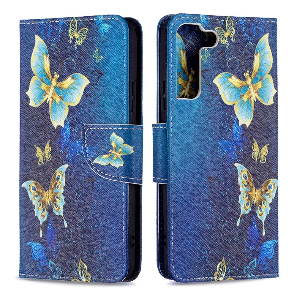 Pattern Printing PU Leather Flip Magnetic Cover Wallet Stand All-Round Protective Case for Samsung Galaxy S22 Plus - Golden Butterflies-1