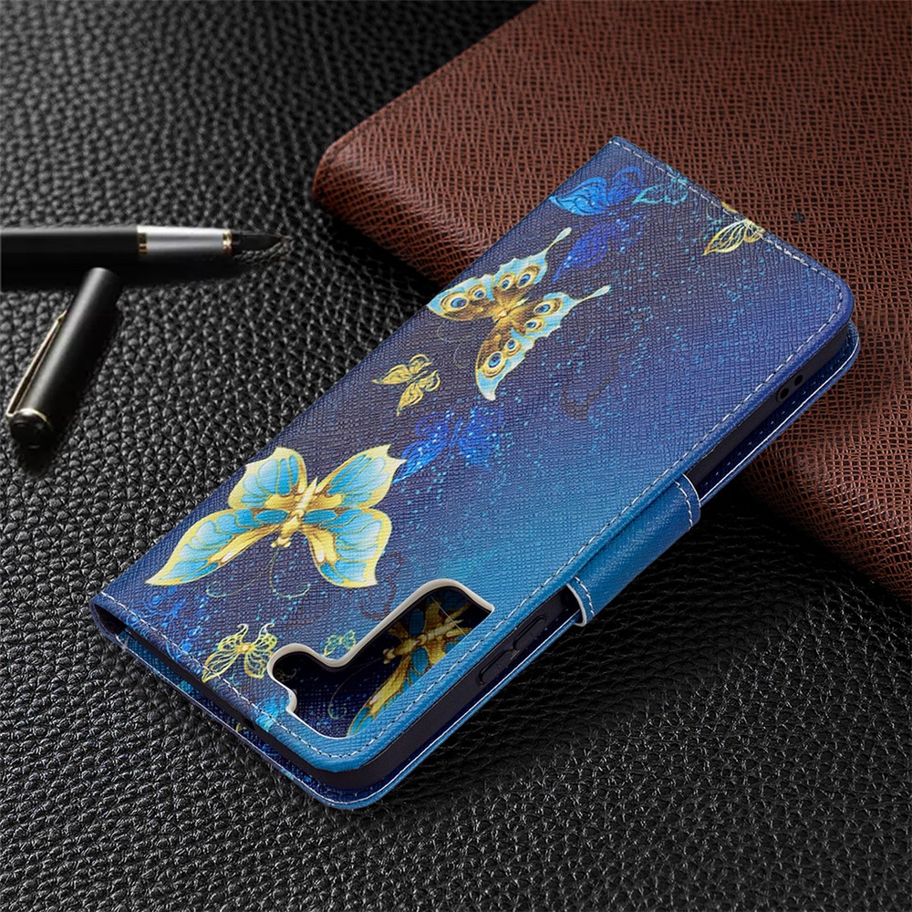 Pattern Printing PU Leather Flip Magnetic Cover Wallet Stand All-Round Protective Case for Samsung Galaxy S22 Plus - Golden Butterflies-7