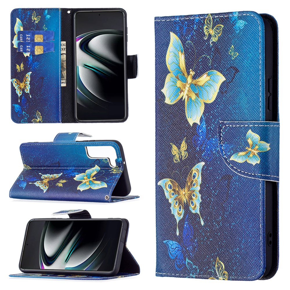 Pattern Printing PU Leather Flip Magnetic Cover Wallet Stand All-Round Protective Case for Samsung Galaxy S22 Plus - Golden Butterflies-8