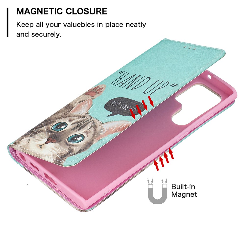 Pattern Printing PU Leather Magnetic Adsorption Case Stand Feature Flip Folio Wallet Phone Cover for Samsung Galaxy S22 Ultra - Cat-4