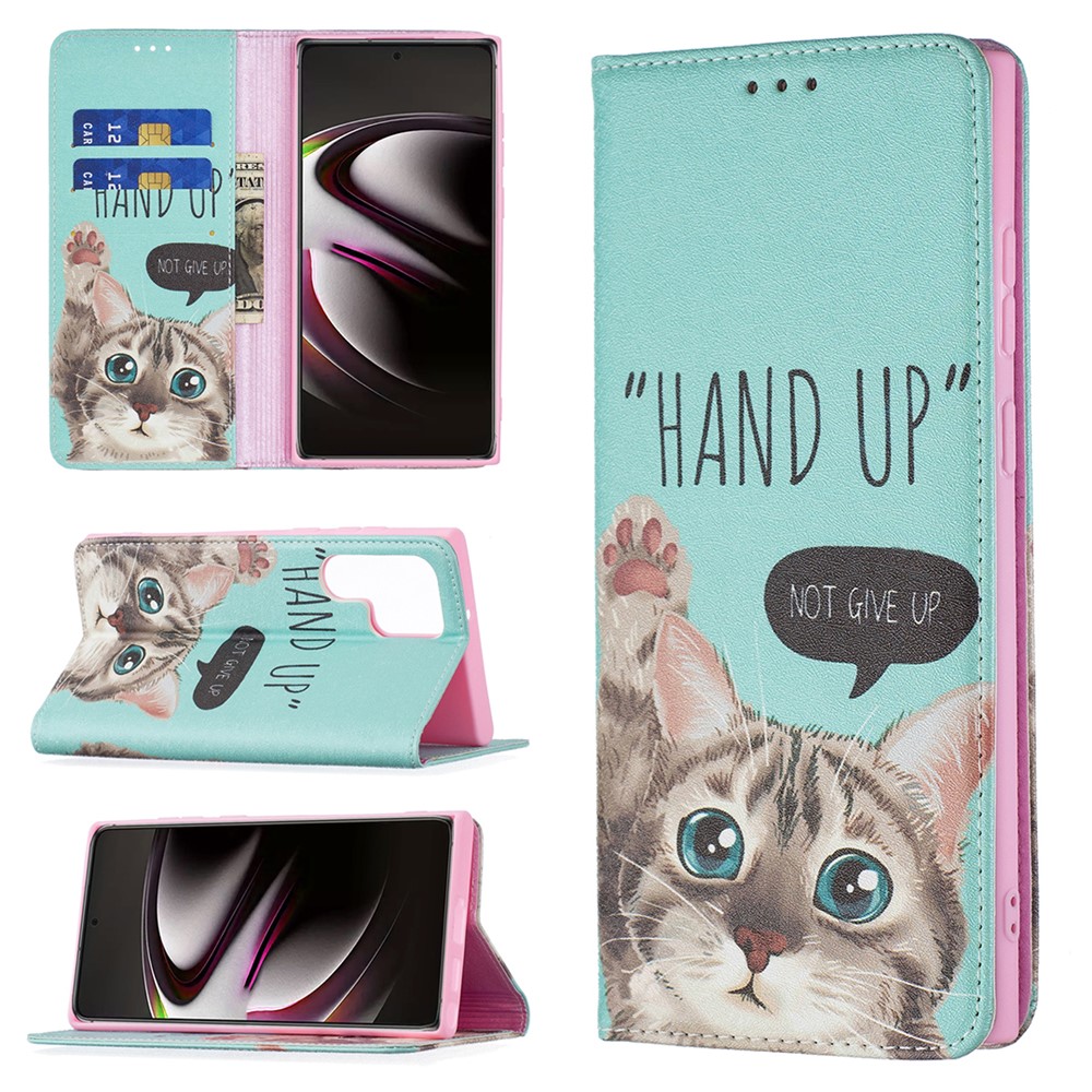 Pattern Printing PU Leather Magnetic Adsorption Case Stand Feature Flip Folio Wallet Phone Cover for Samsung Galaxy S22 Ultra - Cat-9