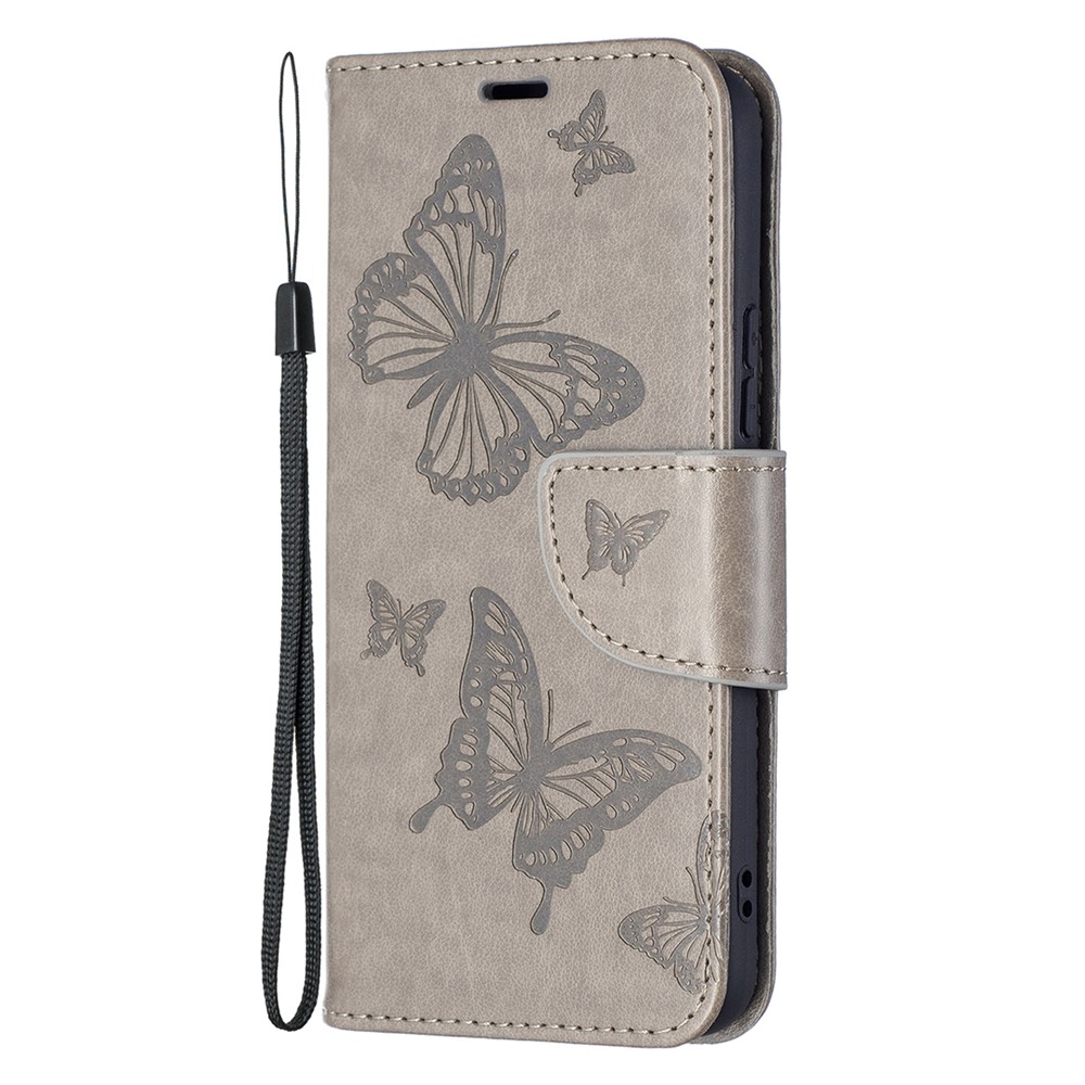 Phone Case Imprint Butterfly Pattern Anti-scratch Stylish Handy Strap Wallet Leather Cover with Stand for Samsung Galaxy S22 Plus - Grey-2