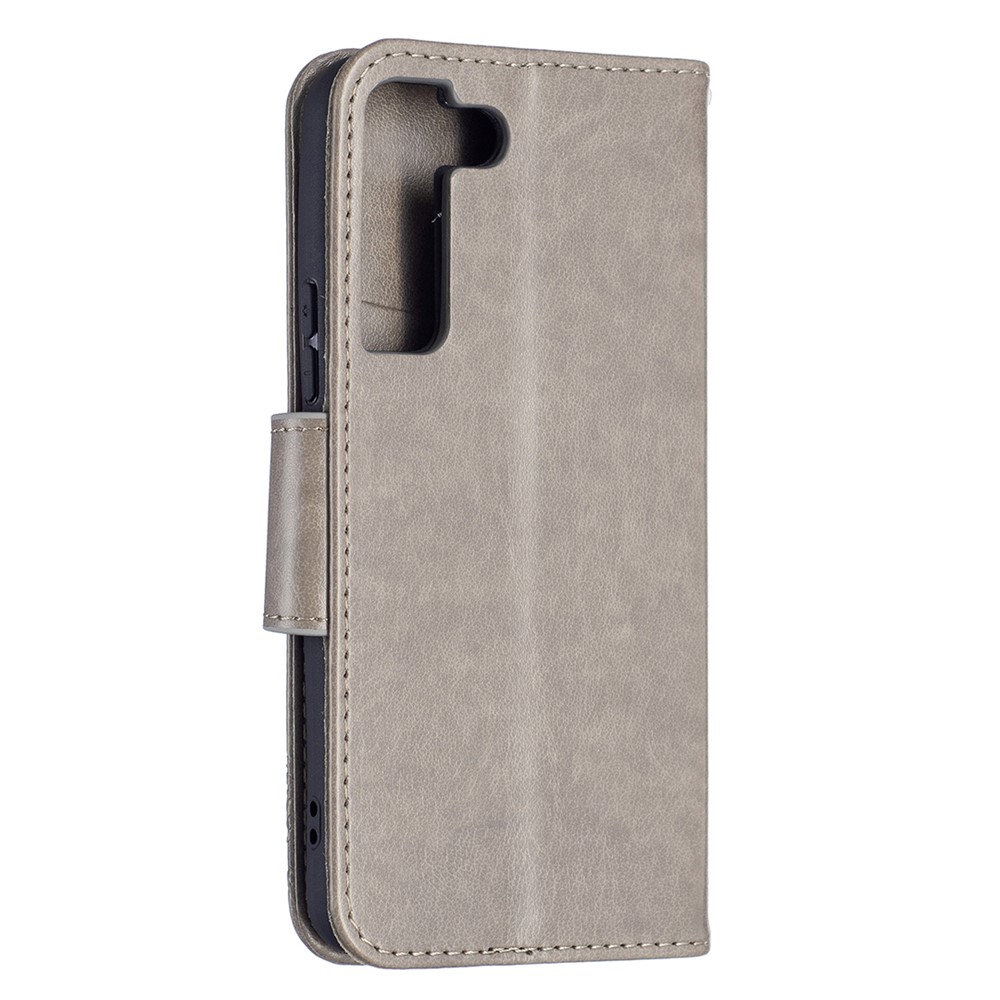 Phone Case Imprint Butterfly Pattern Anti-scratch Stylish Handy Strap Wallet Leather Cover with Stand for Samsung Galaxy S22 Plus - Grey-3