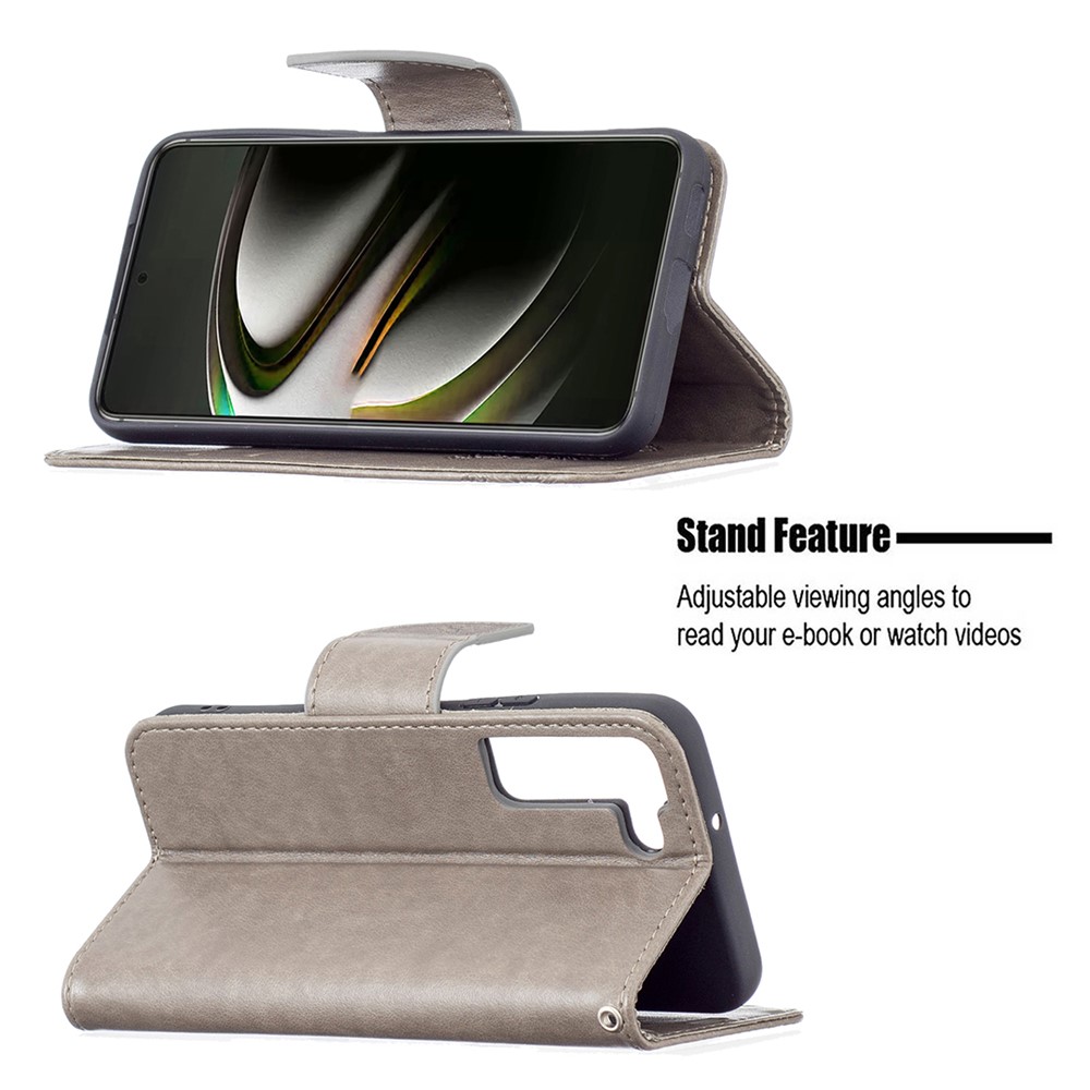 Phone Case Imprint Butterfly Pattern Anti-scratch Stylish Handy Strap Wallet Leather Cover with Stand for Samsung Galaxy S22 Plus - Grey-4