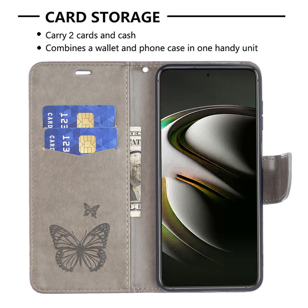 Phone Case Imprint Butterfly Pattern Anti-scratch Stylish Handy Strap Wallet Leather Cover with Stand for Samsung Galaxy S22 Plus - Grey-5