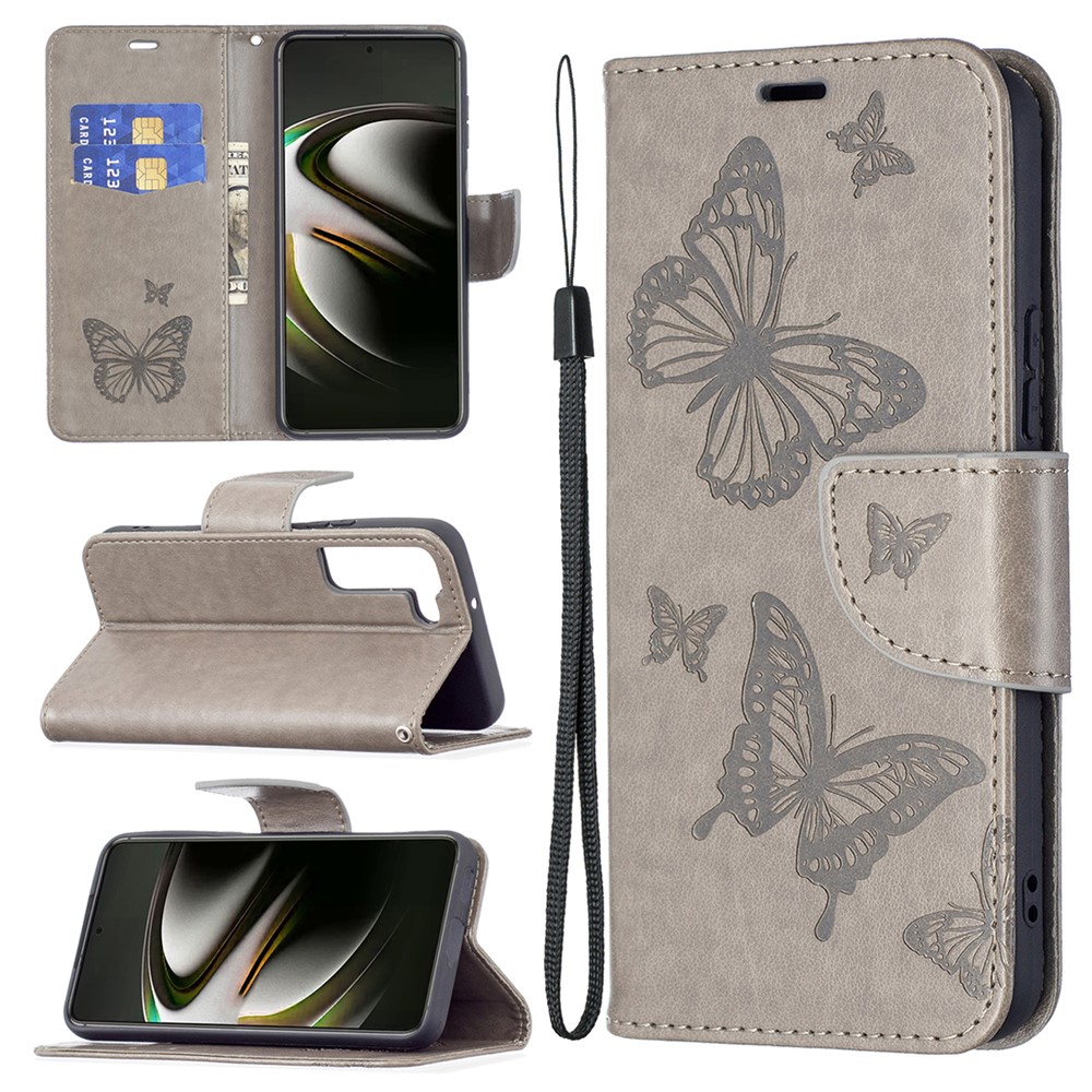 Phone Case Imprint Butterfly Pattern Anti-scratch Stylish Handy Strap Wallet Leather Cover with Stand for Samsung Galaxy S22 Plus - Grey-8