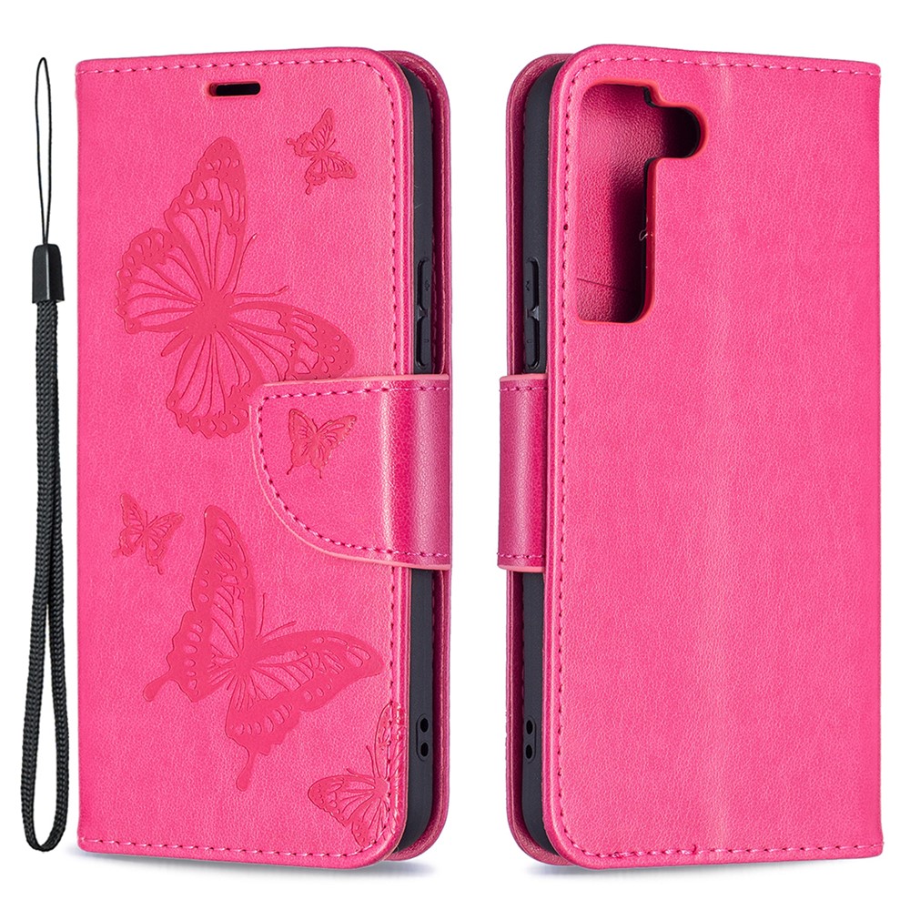 Phone Case Imprint Butterfly Pattern Anti-scratch Stylish Handy Strap Wallet Leather Cover with Stand for Samsung Galaxy S22 Plus - Rose-1