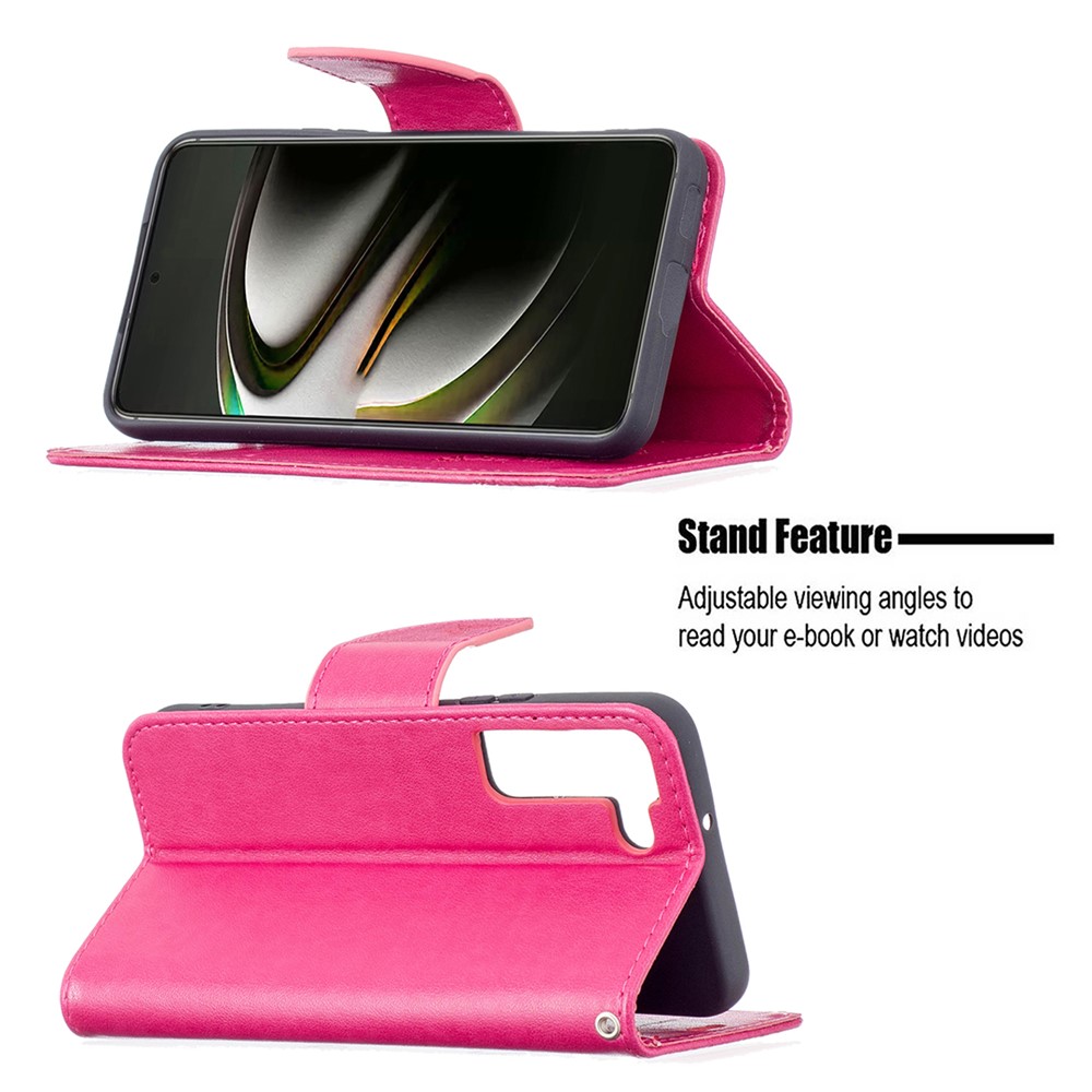 Phone Case Imprint Butterfly Pattern Anti-scratch Stylish Handy Strap Wallet Leather Cover with Stand for Samsung Galaxy S22 Plus - Rose-4