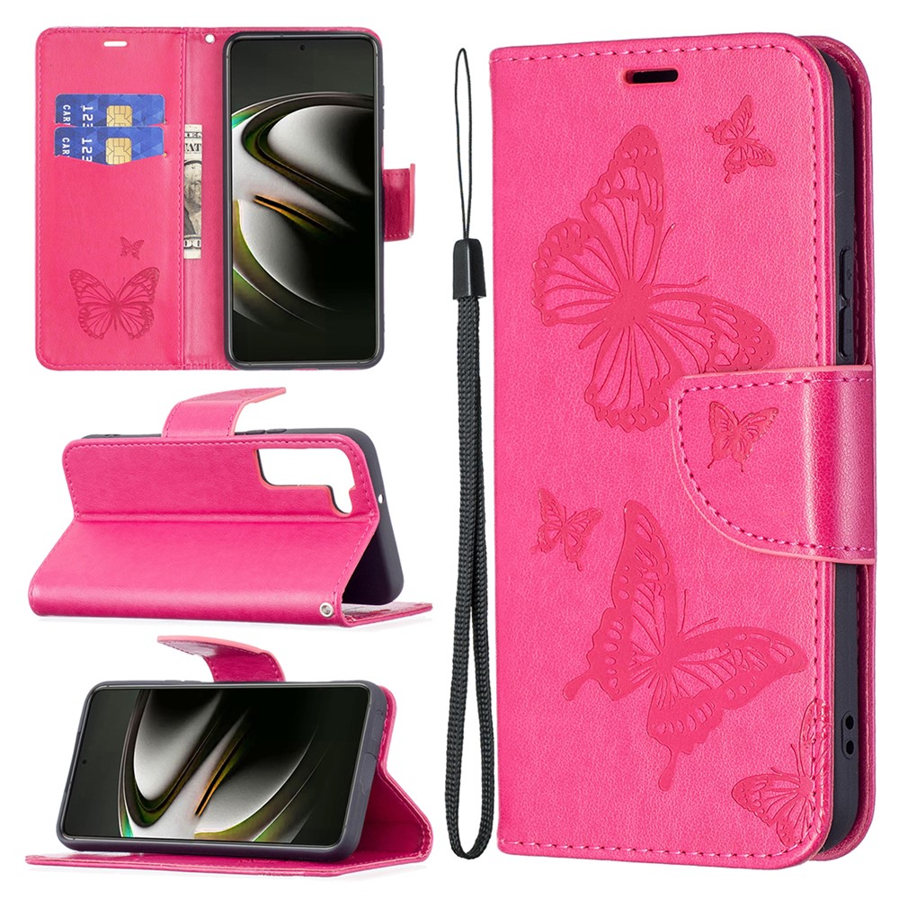 Phone Case Imprint Butterfly Pattern Anti-scratch Stylish Handy Strap Wallet Leather Cover with Stand for Samsung Galaxy S22 Plus - Rose-8