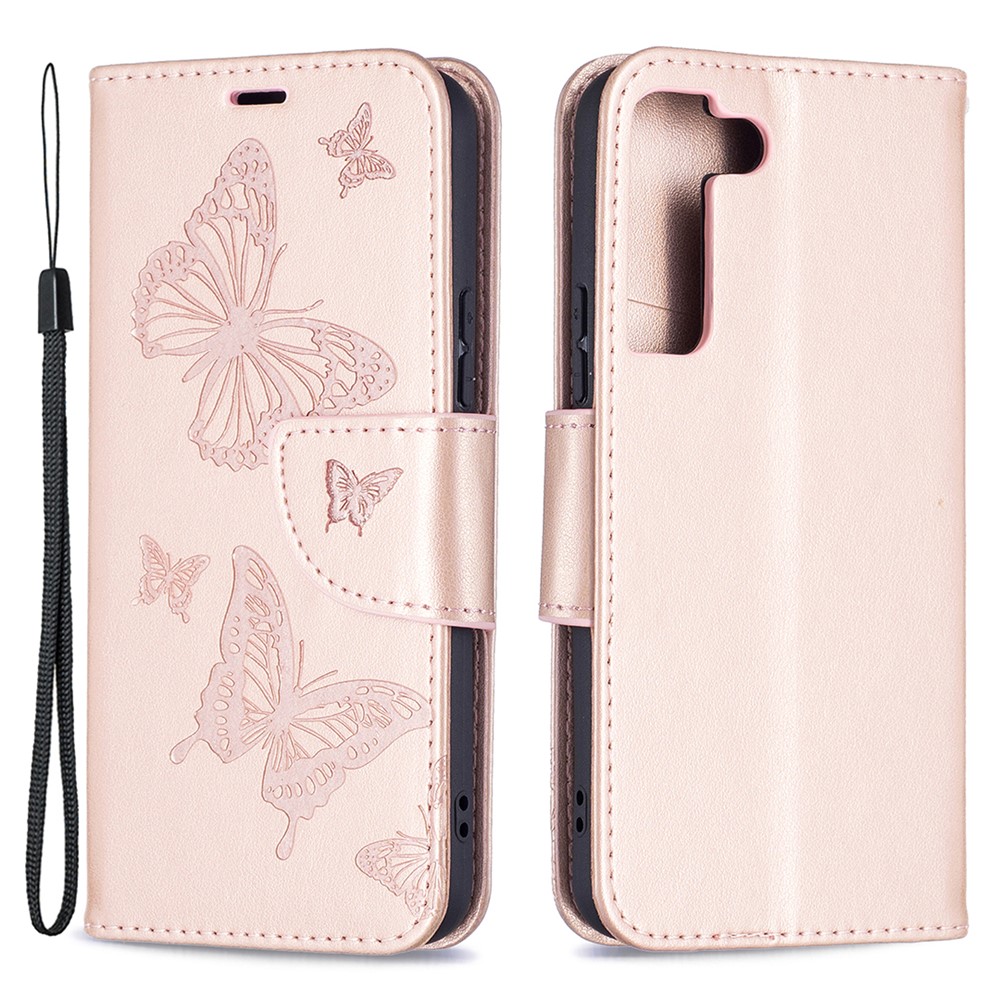 Phone Case Imprint Butterfly Pattern Anti-scratch Stylish Handy Strap Wallet Leather Cover with Stand for Samsung Galaxy S22 Plus - Rose Gold-1
