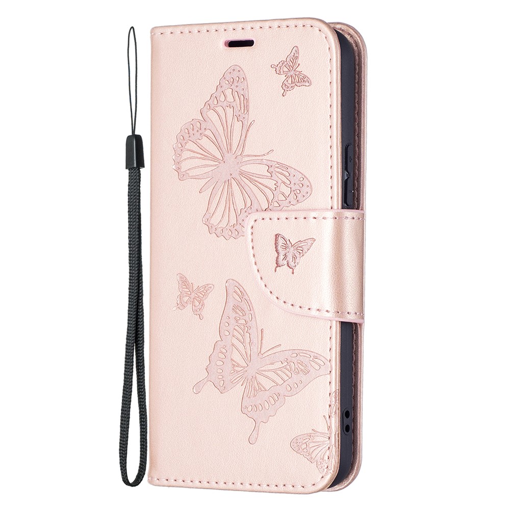 Phone Case Imprint Butterfly Pattern Anti-scratch Stylish Handy Strap Wallet Leather Cover with Stand for Samsung Galaxy S22 Plus - Rose Gold-2