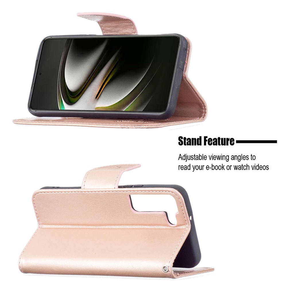 Phone Case Imprint Butterfly Pattern Anti-scratch Stylish Handy Strap Wallet Leather Cover with Stand for Samsung Galaxy S22 Plus - Rose Gold-4