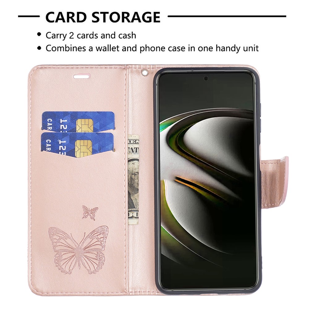 Phone Case Imprint Butterfly Pattern Anti-scratch Stylish Handy Strap Wallet Leather Cover with Stand for Samsung Galaxy S22 Plus - Rose Gold-5