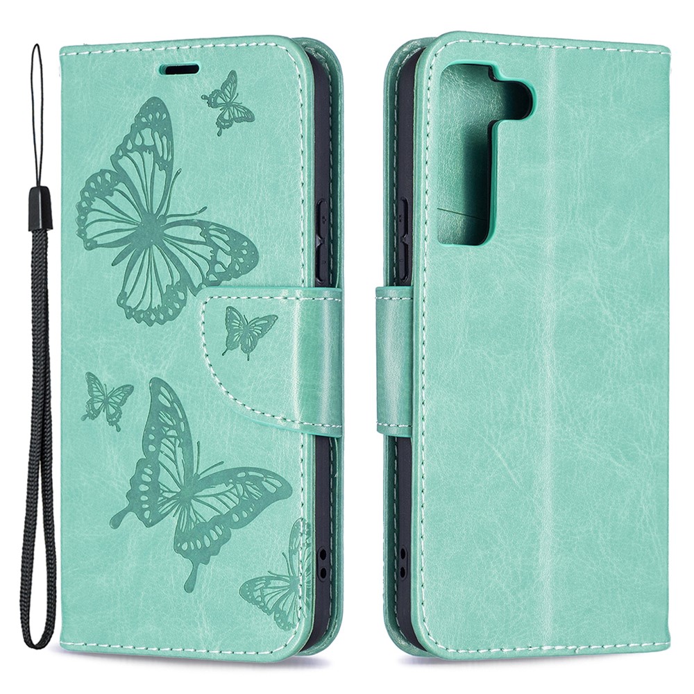 Phone Case Imprint Butterfly Pattern Anti-scratch Stylish Handy Strap Wallet Leather Cover with Stand for Samsung Galaxy S22 Plus - Green-1