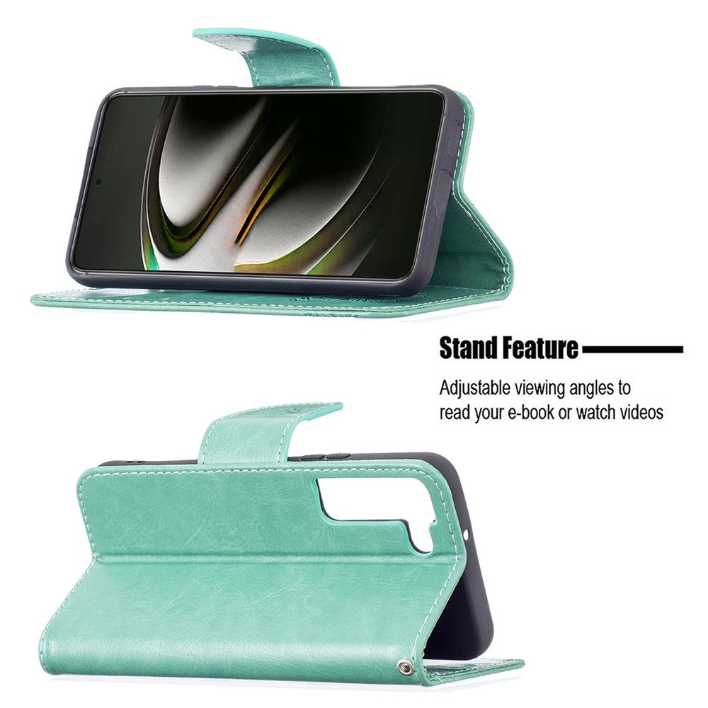 Phone Case Imprint Butterfly Pattern Anti-scratch Stylish Handy Strap Wallet Leather Cover with Stand for Samsung Galaxy S22 Plus - Green-4