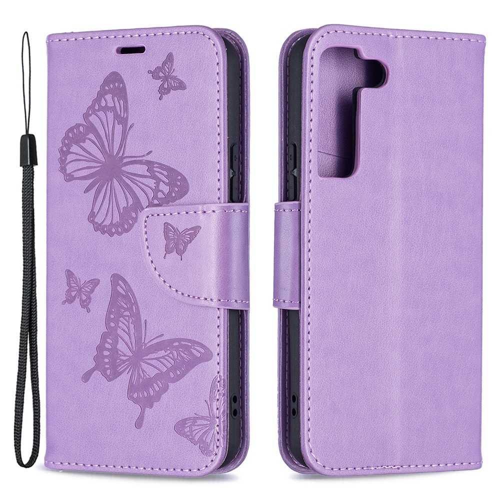 Phone Case Imprint Butterfly Pattern Anti-scratch Stylish Handy Strap Wallet Leather Cover with Stand for Samsung Galaxy S22 Plus - Purple-1
