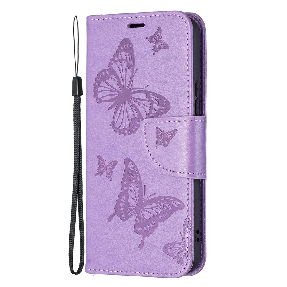 Phone Case Imprint Butterfly Pattern Anti-scratch Stylish Handy Strap Wallet Leather Cover with Stand for Samsung Galaxy S22 Plus - Purple-2
