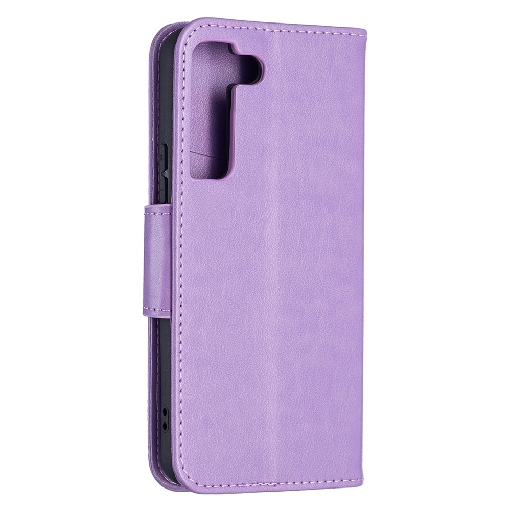 Phone Case Imprint Butterfly Pattern Anti-scratch Stylish Handy Strap Wallet Leather Cover with Stand for Samsung Galaxy S22 Plus - Purple-3