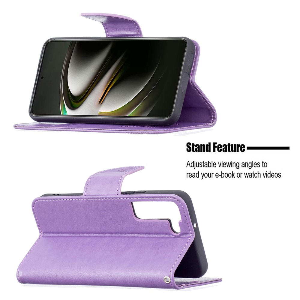 Phone Case Imprint Butterfly Pattern Anti-scratch Stylish Handy Strap Wallet Leather Cover with Stand for Samsung Galaxy S22 Plus - Purple-4