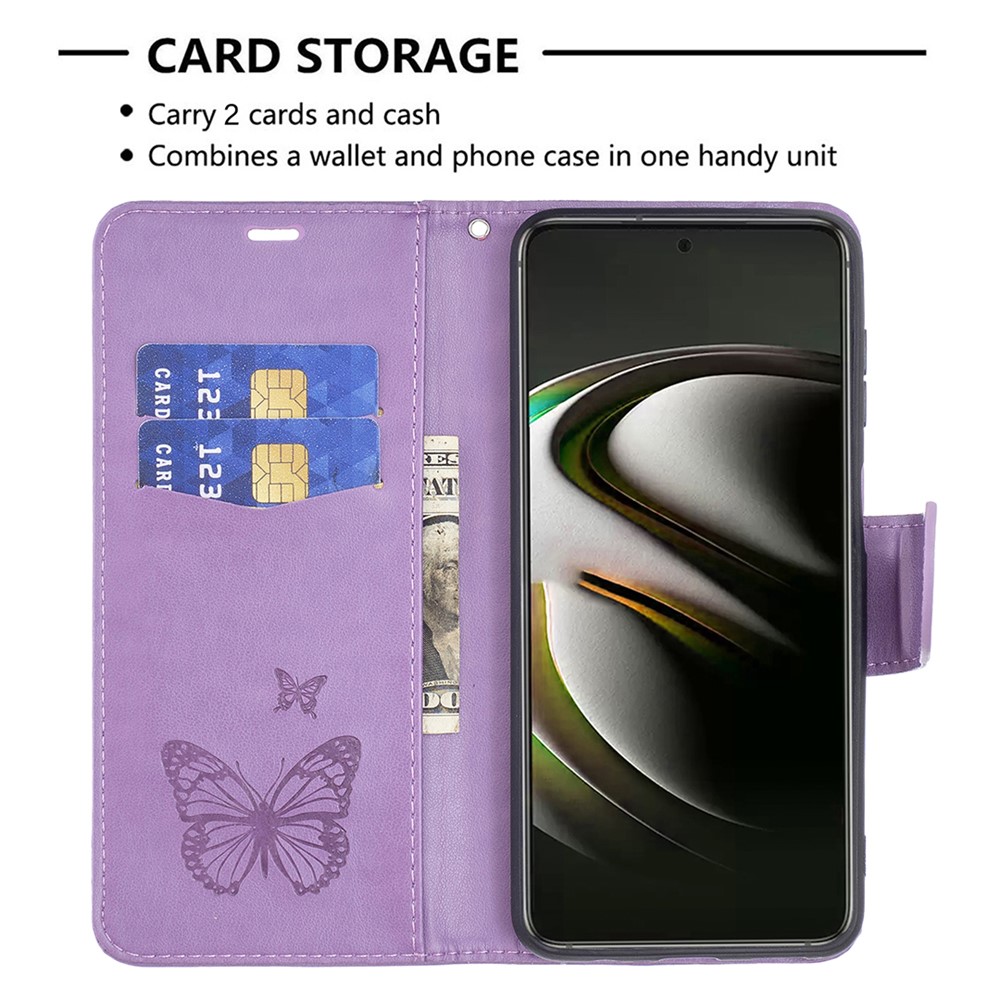Phone Case Imprint Butterfly Pattern Anti-scratch Stylish Handy Strap Wallet Leather Cover with Stand for Samsung Galaxy S22 Plus - Purple-5