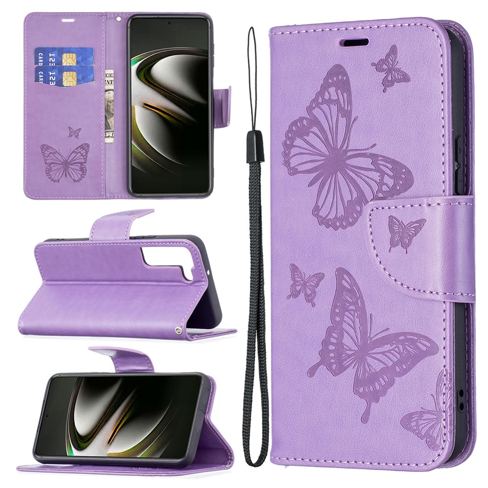 Phone Case Imprint Butterfly Pattern Anti-scratch Stylish Handy Strap Wallet Leather Cover with Stand for Samsung Galaxy S22 Plus - Purple-8